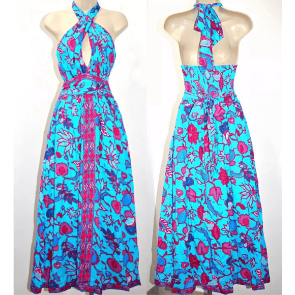 Caroline Constas Dresses & Skirts - Caroline Constas Halter Fit Flare Smocked Maxi Dress XL Turquoise Gauze Cotton